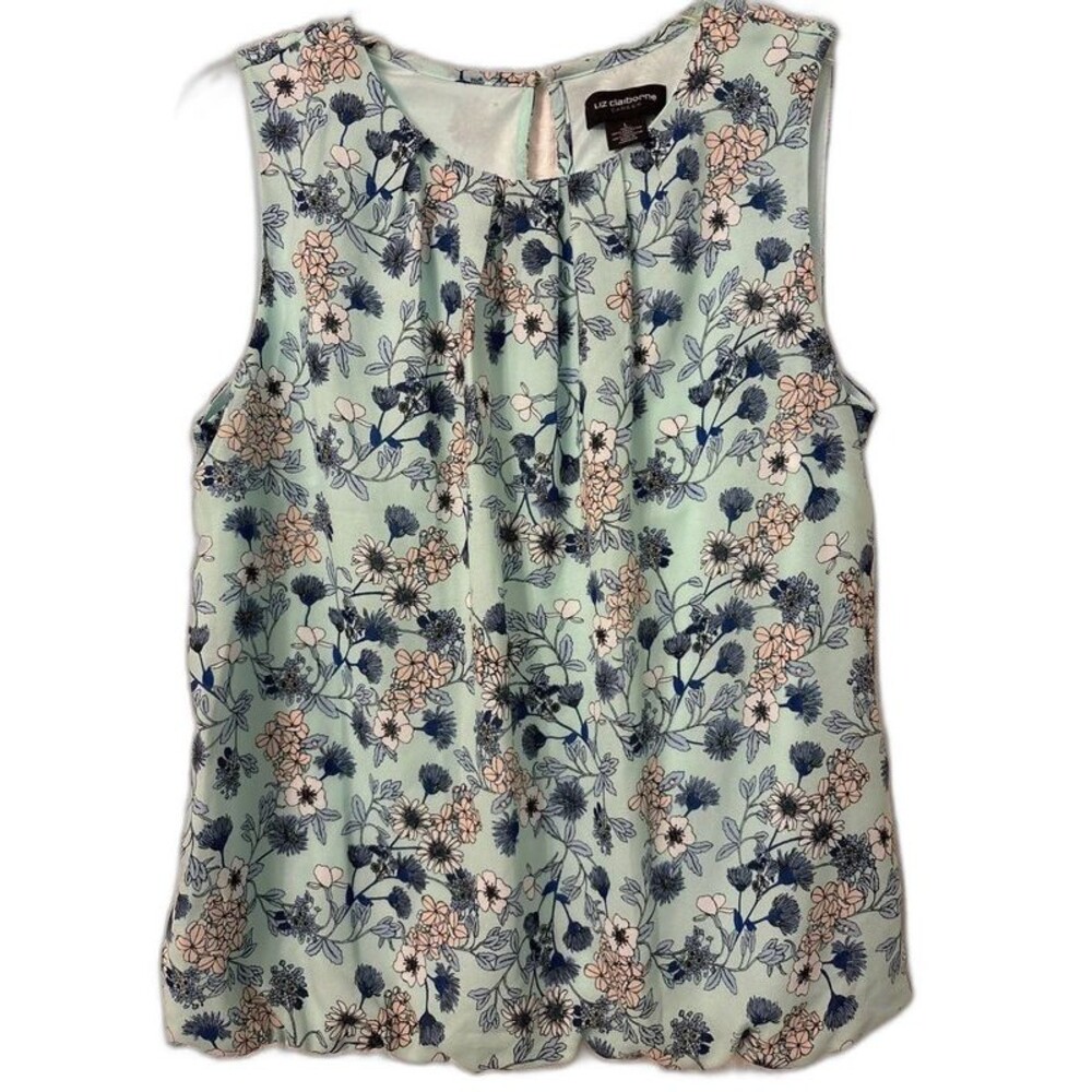 Liz Claiborne Career Sleeveless Blouse L Mint Green Floral Pleated Front